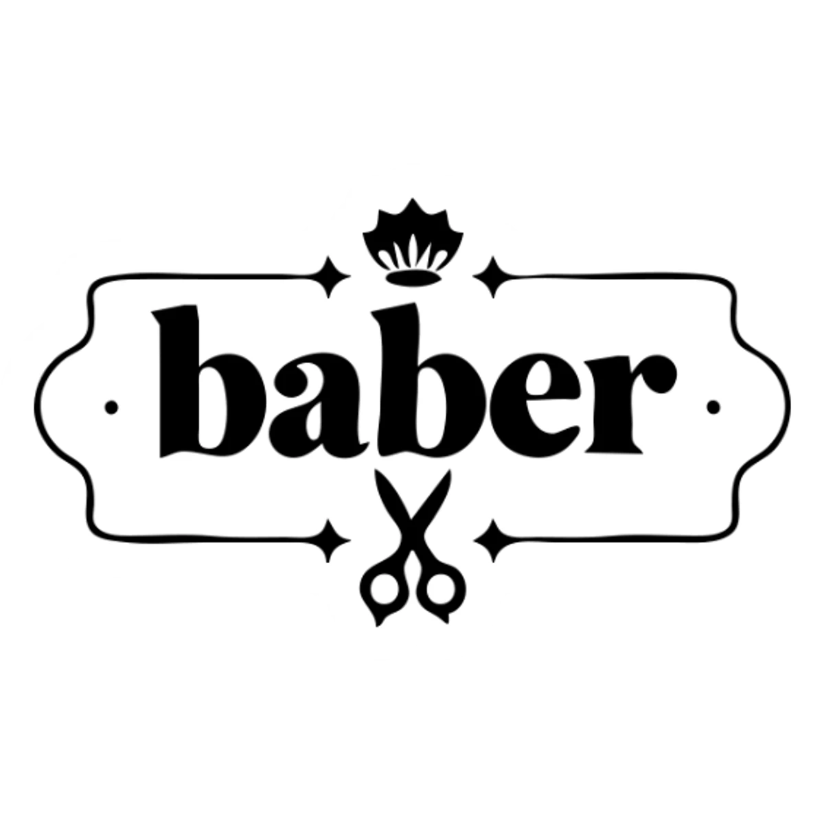 Barber shop logo with the text "baber" and a comb and scissors sticker