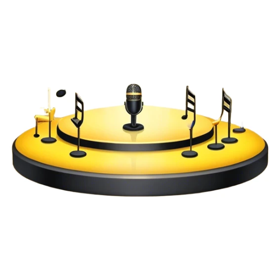 An icon featuring a stage with bright spotlights, a microphone, and musical notes floating in the air. The design symbolizes the energy and excitement of live performances, with a crowd in the background. A transparent background emphasizes the vibrant atmosphere of concerts and shows. sticker