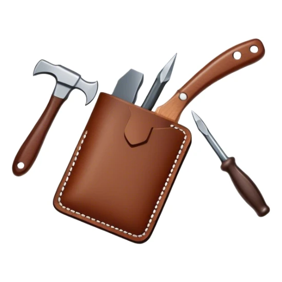 Leatherworking icon, piece of raw leather being crafted into a leather wallet or belt, professional tools like leather stitching awl, edge beveler, hammer, prying tool, minimalistic style, clean lines, transparent background. sticker