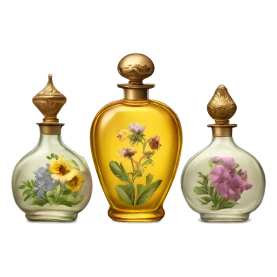 Three Antique oil perfume bottles with herbal and flowers sticker