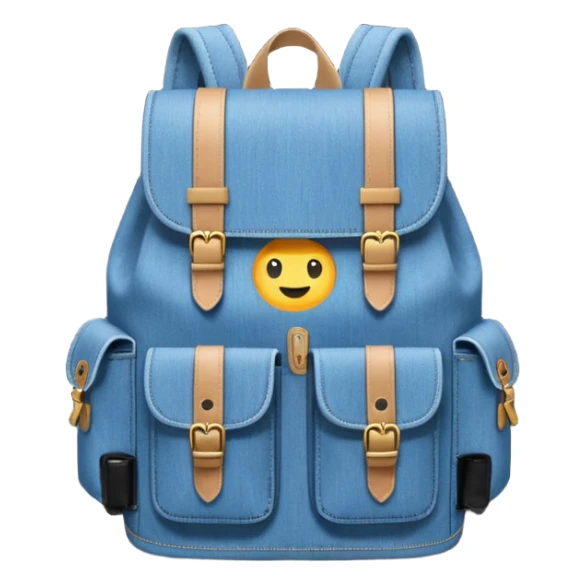 An emoji-style blue denim backpack with a flap top. Two short black buckle straps are attached only at the top flap, not extending to the bottom. The front is clean with no pockets or extended straps. The backpack has two side pockets. Flat, minimalist, cartoon icon.


 sticker