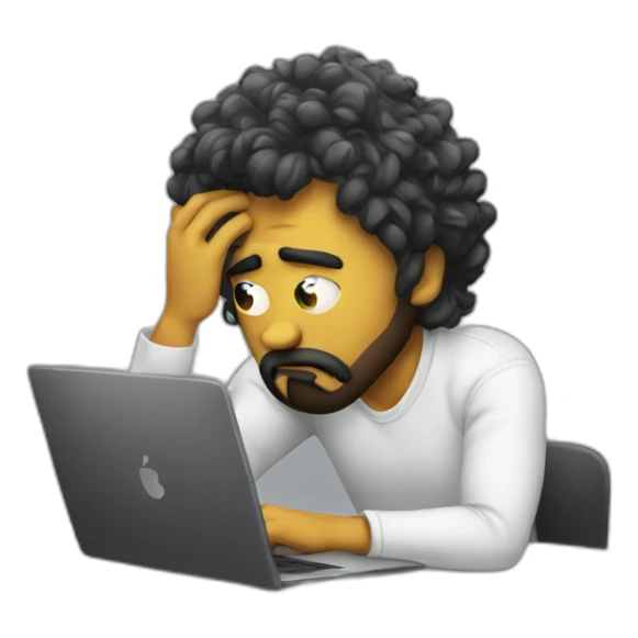 sad designer with laptop and pulling hair sticker