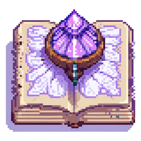 pixel art style spellbook, pixelated, floating, purple aura, fantasy theme sticker
