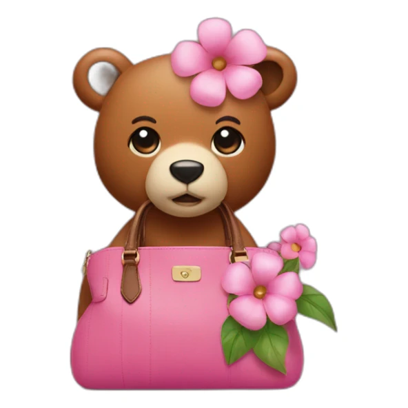 A pink bear  flower on its head and a brown handbag sticker