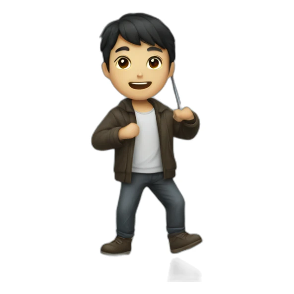 A dark-haired boy with a white beard dancing with an umbrella in the rain sticker