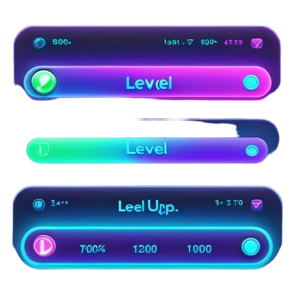 A futuristic experience bar filling up, glowing as it reaches the next level. The design features a sleek, digital progress bar with vibrant neon colors (blue, purple, or green), a gradient effect, and smooth animation-like highlights. The bar should have a clear 'Level Up' or 'MAX' indicator at the end, with a subtle glowing effect. The style is inspired by gaming UI elements, keeping it clean, dynamic, and visually appealing sticker