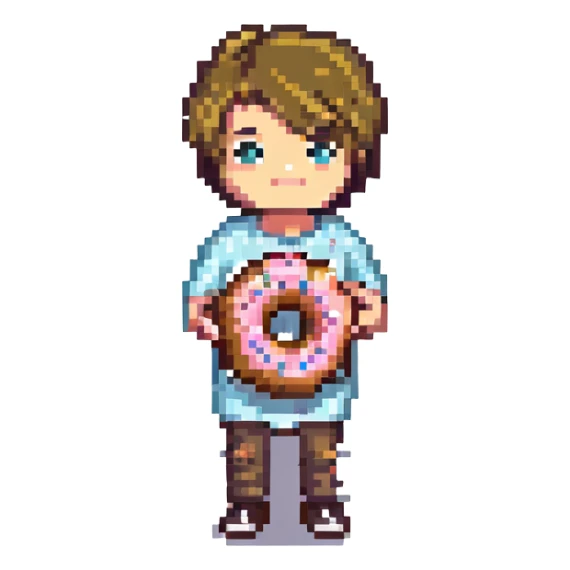 pixel art of Justin Bieber holding a donut sticker