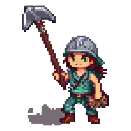Old School RuneScape inspired pixel art emote of a character performing a mining skill animation, holding a pickaxe and striking a rock, in the iconic RuneScape style sticker