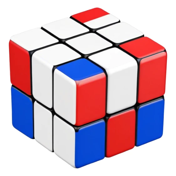 A scrambled 3x3 Rubik's Cube with only red, white, and blue colors, minimalist iOS emoji style, viewed from an angle sticker