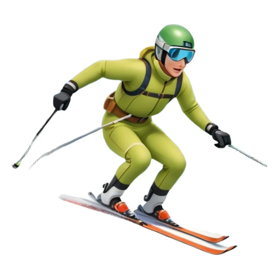 An icon featuring a skier racing down a snow-covered slope, surrounded by snowy peaks, pine trees, and a picturesque mountain landscape. The sky is blue with soft clouds, capturing the thrill and beauty of alpine skiing. Transparent background  sticker