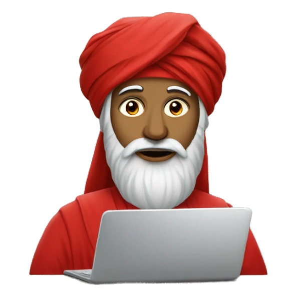A caliph with turban and red clothes writing in a laptop sticker