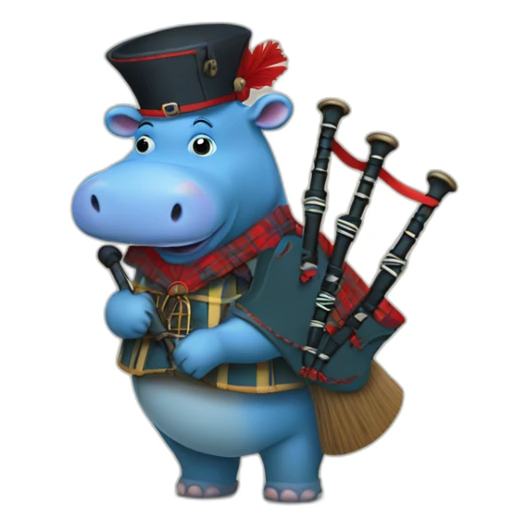 Blue hippo with bagpipes and red Tam o’ shanter sticker