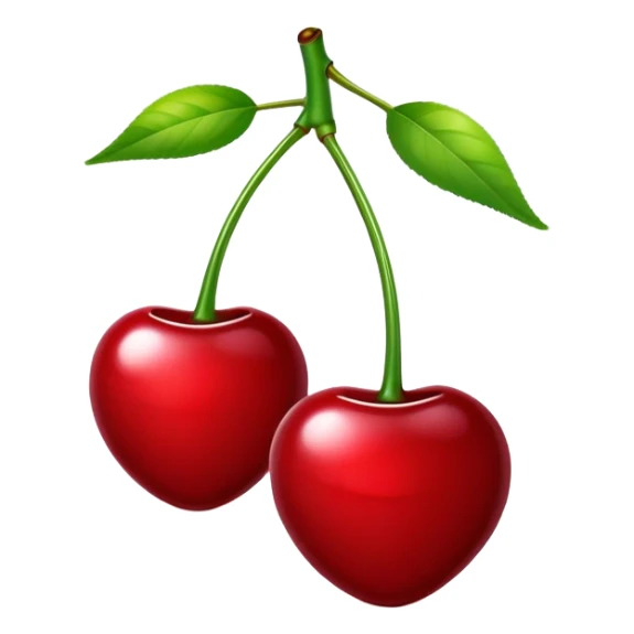 Pair of glossy red cherries with green stem, fruit sticker
