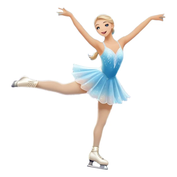 An icon featuring a shimmering rink, colorful spotlights, snowflakes gently falling from the sky, and an audience in the stands, with a snowy landscape visible through large windows with a graceful figure skater performing a spin on a sparkling ice rink. Transparent background. sticker