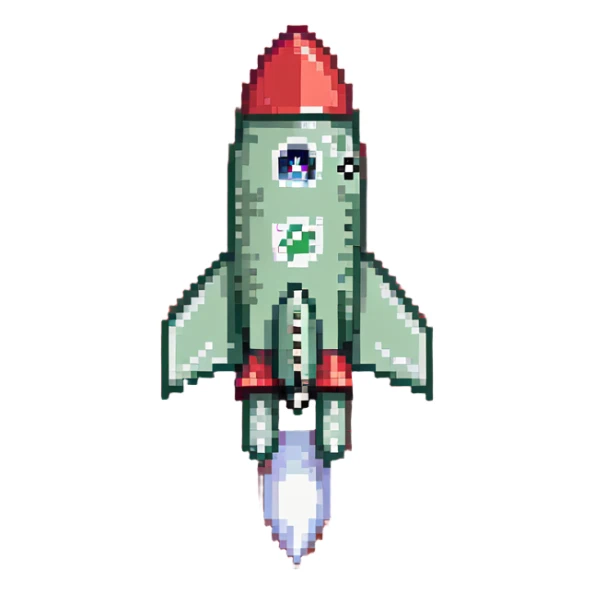 Prominent green checkmark emoji (iOS style) with a tiny rocket ship flying diagonally in the bottom right corner sticker