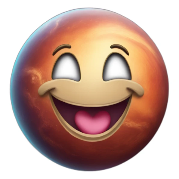 A planet with a happy face and a heart-shaped smile sticker