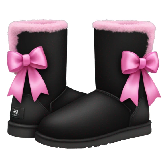 Realistic black Ugg fur boots with pink ribbon bows and stitching isolated.  sticker