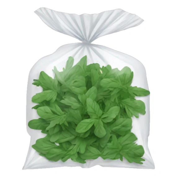 small plastic pack with green dried herbal leaves which are clumped together  sticker