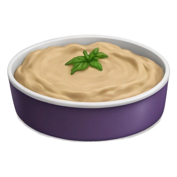 Eggplant dip in a circular dish, the color of the dip is tan sticker