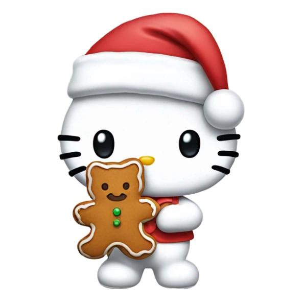 hello kitty holding a gingerbread cookie with a santa hat on sticker