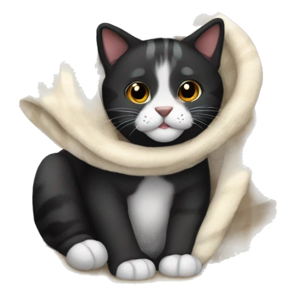 Black tiger cat with white mouth, white neck, with a cozy blanket sticker