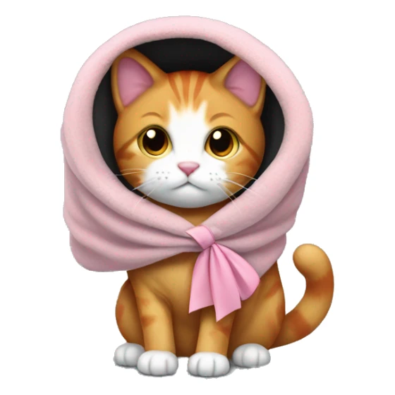 a light red cat with a white muzzle and a black collar is wrapped in a gray blanket with a pink bow on his ear sticker