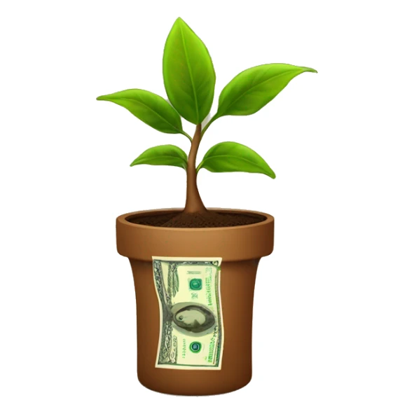 a plant in a brown money pot growing dollar bills as the tree sticker