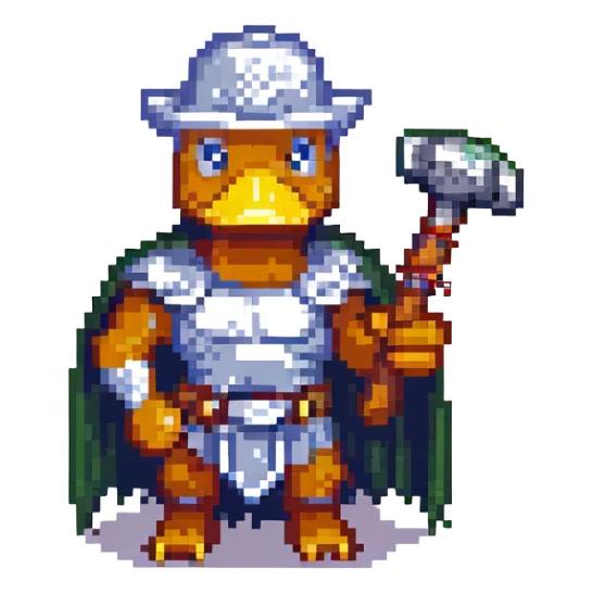 pixel art duck standing heroically holding Thor's hammer with a lightning rod, no armor, just the duck and the hammer sticker