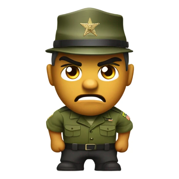drill sergeant character wearing a classic sergeant hat and a camouflage army shirt. The character should have an angry intense expression. full torso sticker