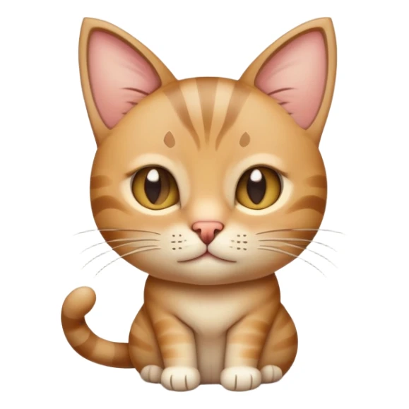 A light brown and beige tabby cat, sitting or lying down in a tense or alert posture, ears pinned back, soft rounded 3D emoji-style character, clean white background, subtle shadows, warm soft lighting, expressive eyes, minimal and friendly design similar to Apple emoji animal style. sticker