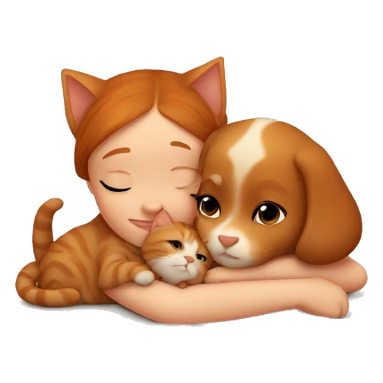 Small cute Ginger cat cuddling cute brown girl puppy sticker