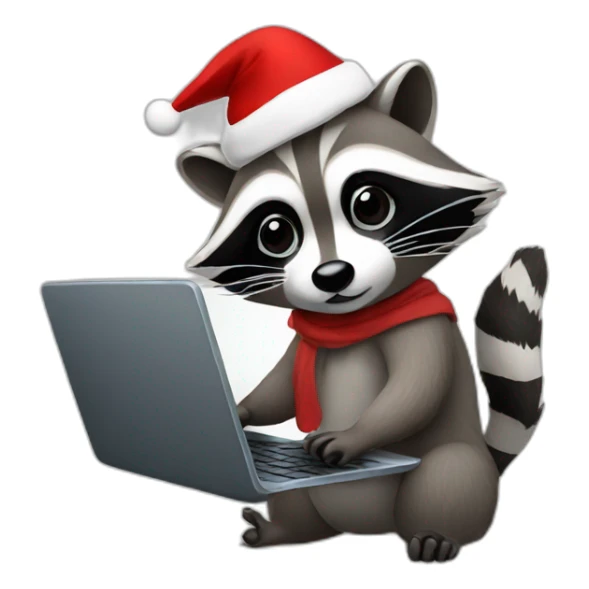 Raccoon working on a laptop with christmas hat sticker