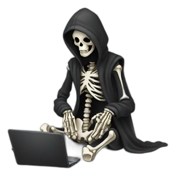 Tired Skeleton with laptop in black hoodie sticker