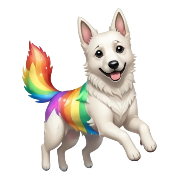 White belgian Shepard jumping over Rain puddles. There is a rainbow in the sky sticker