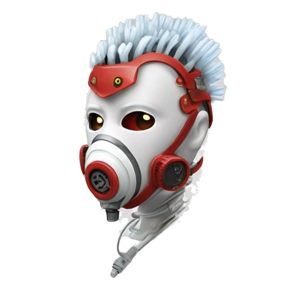 White Mohawk female cyborg head with red respirator mask and circuits sticker