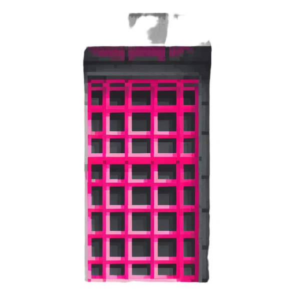 Brutalist gray concrete block building with one neon pink window sticker