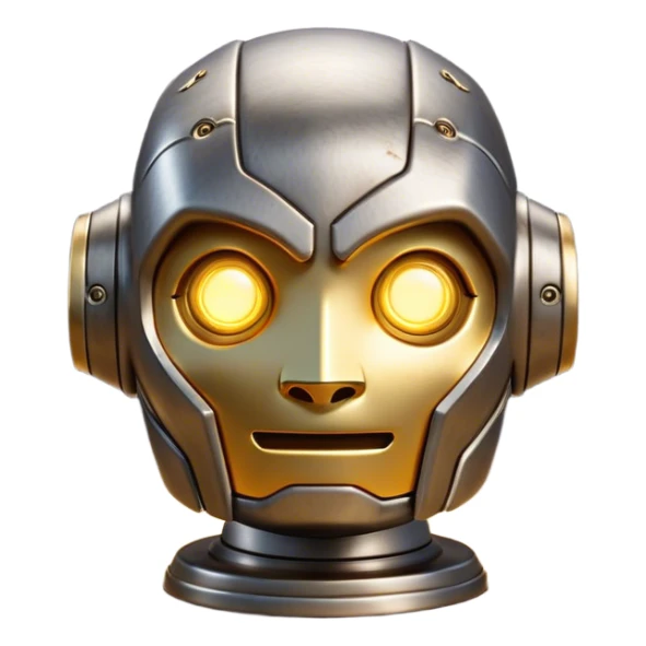 Cinematic Cute Mighty Iron Golem Portrait Emoji Head tilted playfully and inquisitively, featuring a sleek yet sturdy metal form with smooth, polished steel plating and glowing golden engravings, accented by faintly humming energy veins that pulse with life; rendered with lifelike clarity and soft, natural reflections, high shine, charming yet robust, styled with a touch of whimsical fantasy, soft glowing outline, capturing the essence of a watchful yet endearing golem, as if it might shift its massive head with a slow, thoughtful nod at any moment! sticker