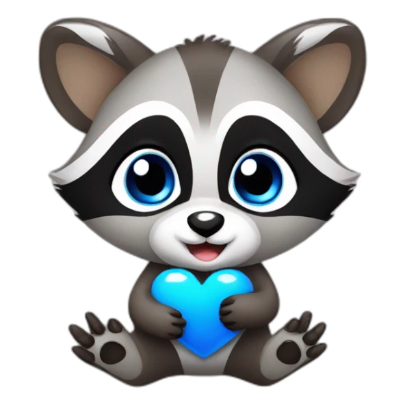 a baby raccoon with a blue heart in his hands sticker