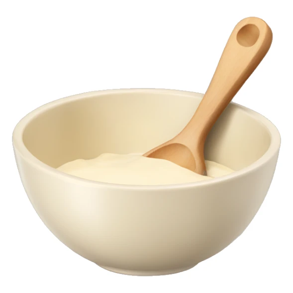 A cream ceramic baking bowl with a wooden spoon in it sticker