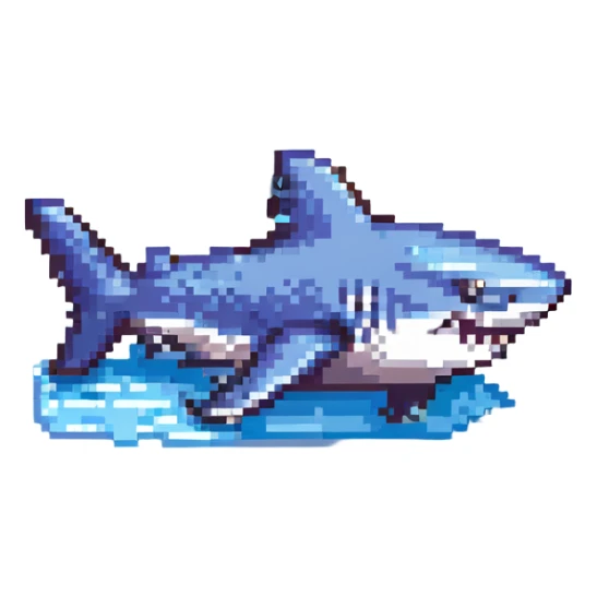 a shark with sneakers, pixel art style sticker