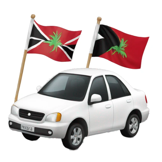 A tall man white man with a Trinidad flag behind him & another man driving a white car sticker