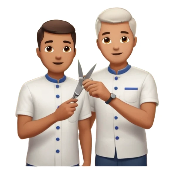 Inside a cozy barbershop with soft lighting, an experienced barber gently teaches his apprentice, guiding his hands as they cut hair together. The room is filled with warmth, plants hanging from the ceiling, and the hum of clippers sticker