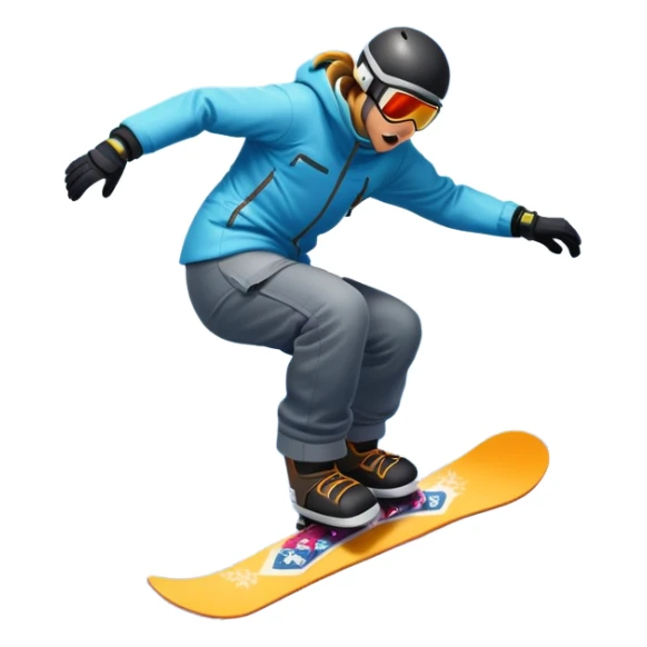 An icon showing a snowboarder performing an exciting jump on a snow-covered slope. The background features towering mountains, snow-covered trees, and a bright, clear sky. Transparent background highlights the speed, agility, and thrill of snowboarding. sticker