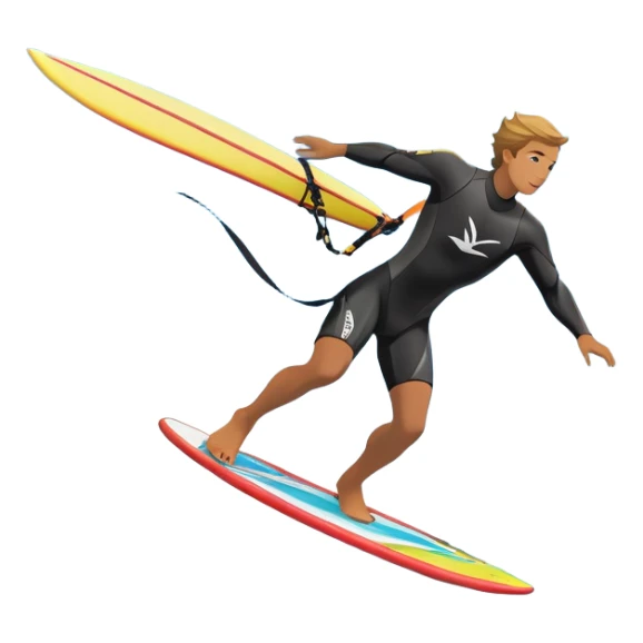An athlete in a wetsuit riding a winged kiteboard, soaring above the waves with a powerful breeze beneath a clear blue sky. The scene captures the dynamic motion of the sport, with the ocean waves and kite gliding through the air, symbolizing freedom and adventure. sticker