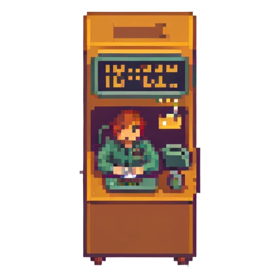 tired worker clocking out, end of shift, pixel art style sticker