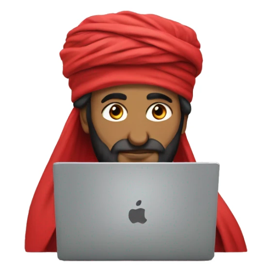 A caliph with turban and red clothes writing in a laptop sticker