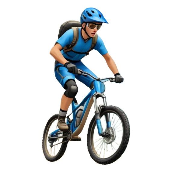 A thrilling downhill mountain biking scene! A rider in full gear speeds down a steep rocky trail, kicking up dust. The rugged mountain landscape surrounds them, with towering peaks, evergreen trees, and a bright blue sky. The rush of adventure is in the air. Transparent background. sticker