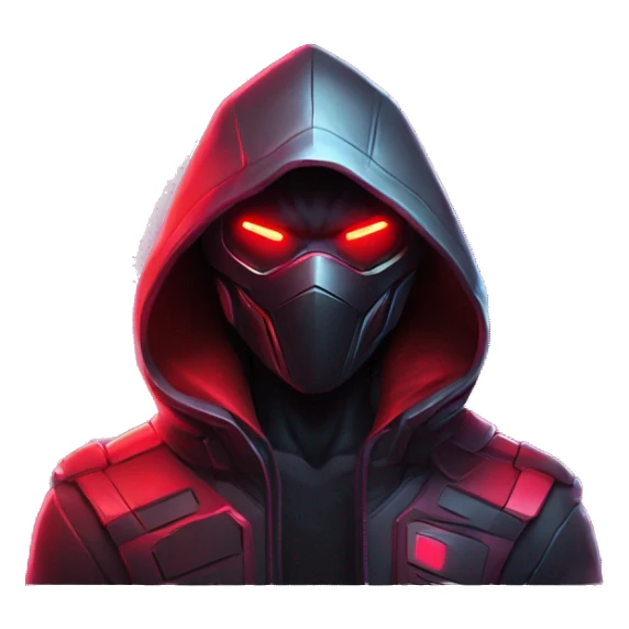 developer behind his laptop with this style : crysis Cyberpunk Riot Games Valorant neon glowing bright red character red dark black hooded assassin themed character sticker