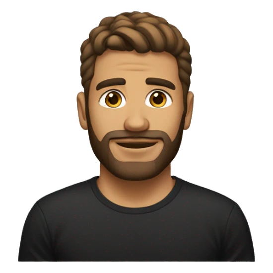 A man with gold earring on the left ear, brown hairs, short beard, mid tan skin, with black tee shirt  sticker