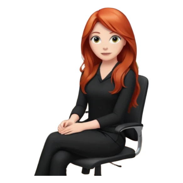 Video call therapy session: red-haired therapist with long hair wearing black minimalist clothing, seated in a professional home office, looking at the webcam; calm, modern teletherapy setting sticker